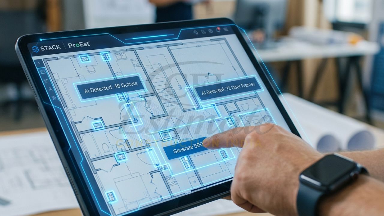 AI-powered digital takeoff software automatically counting items on a construction drawing.