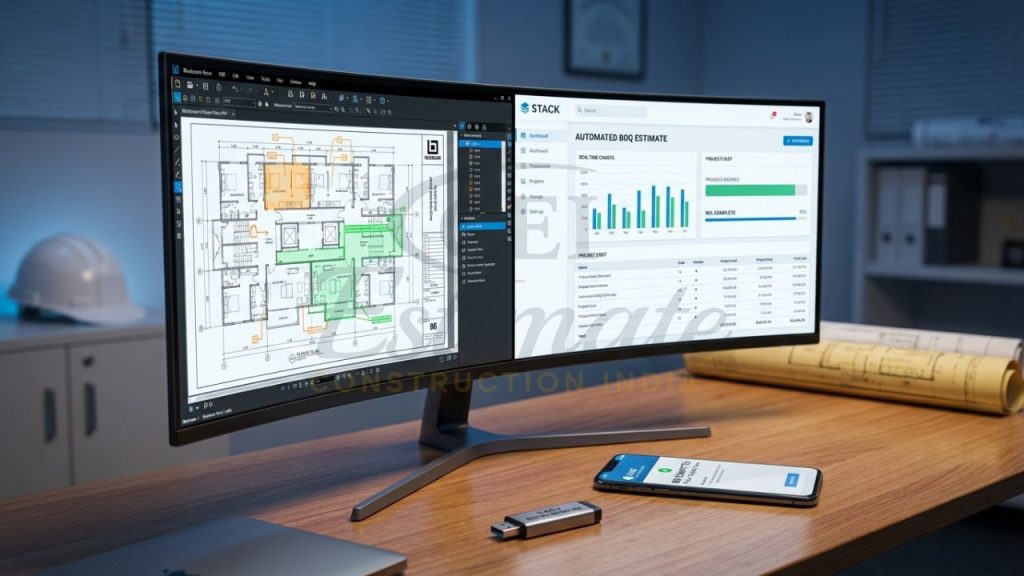 Top 5 cost estimation tools for construction projects 2026 showing STACK and Bluebeam Revu interfaces.