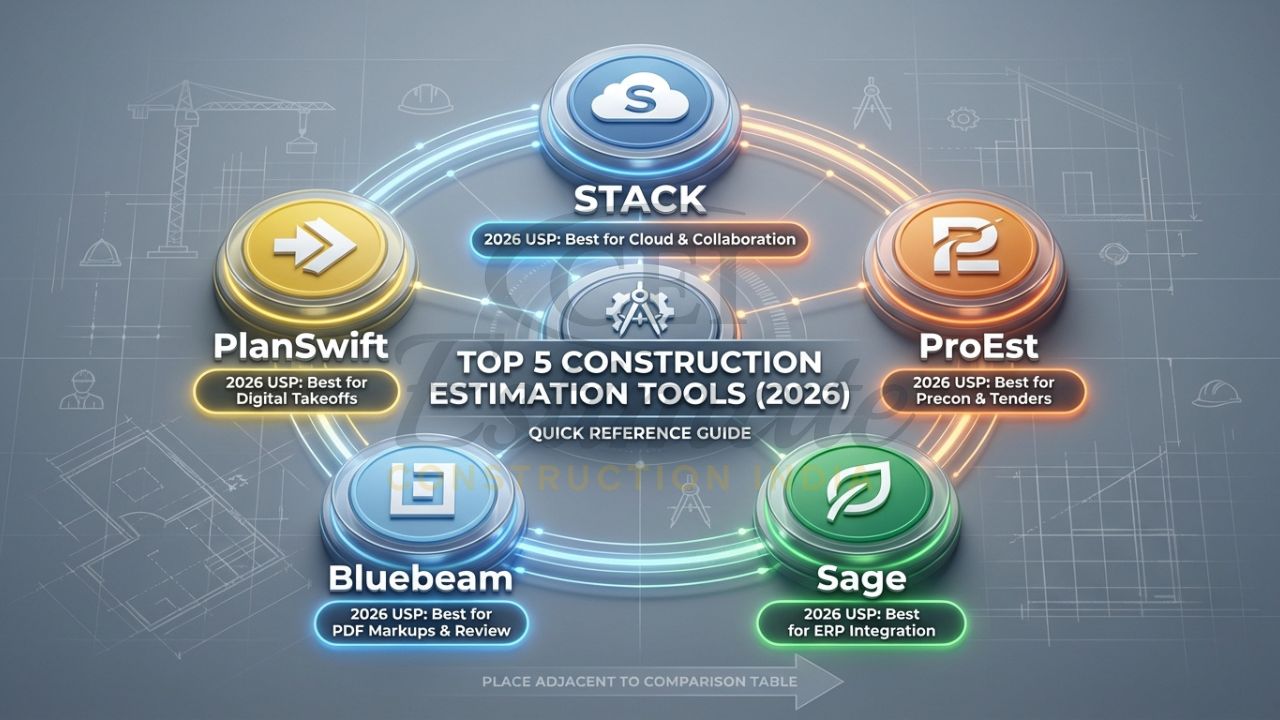 Comparison infographic of STACK, ProEst, Sage, Bluebeam, and PlanSwift
