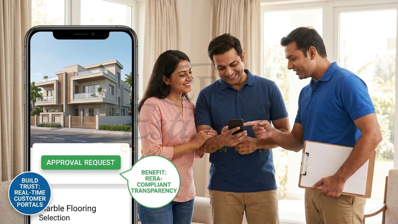 A happy Indian family looking at a smartphone app showing the 3D progress and tile selections of their under-construction villa, provided by their builder's project management software.