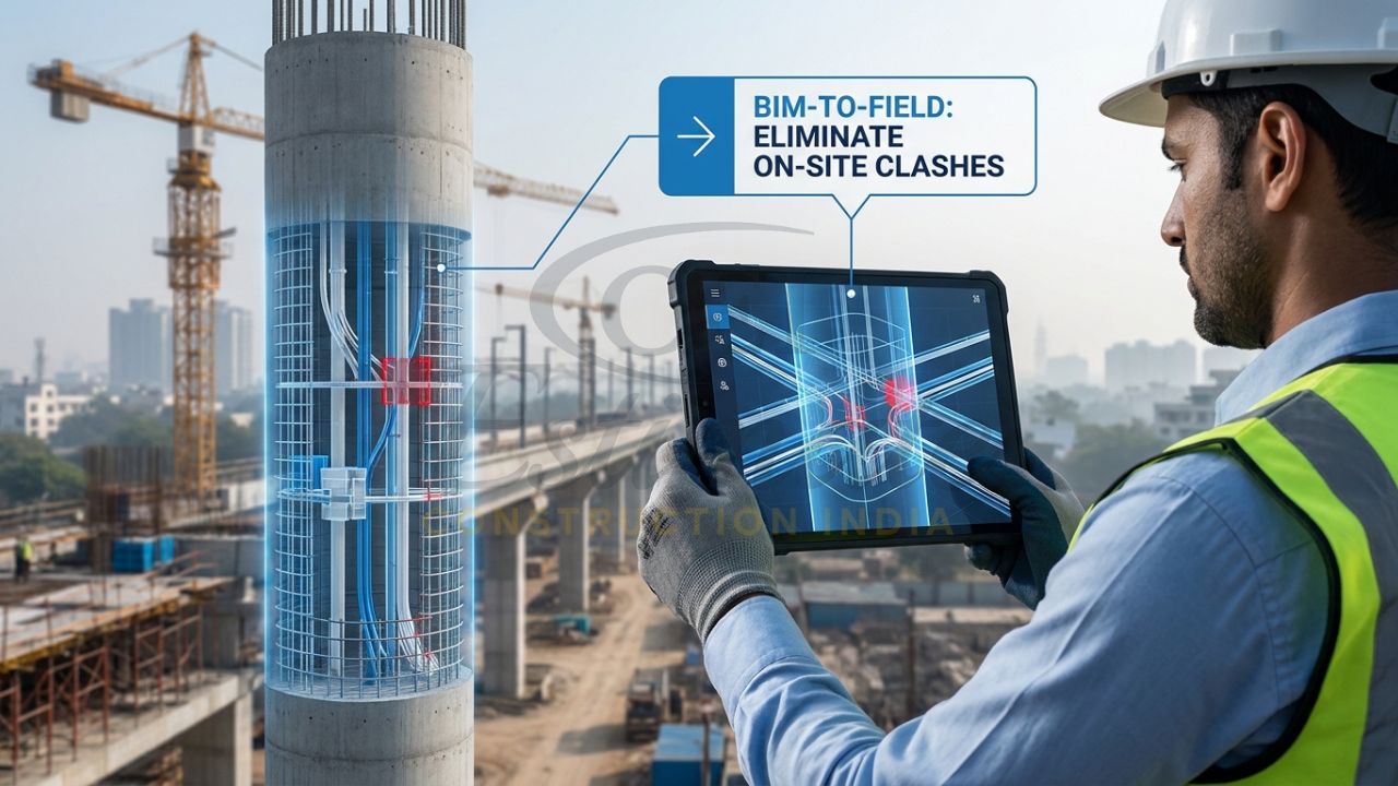A site engineer using a tablet to overlay a 3D structural BIM model onto a physical concrete column at a metro station construction site in Delhi.