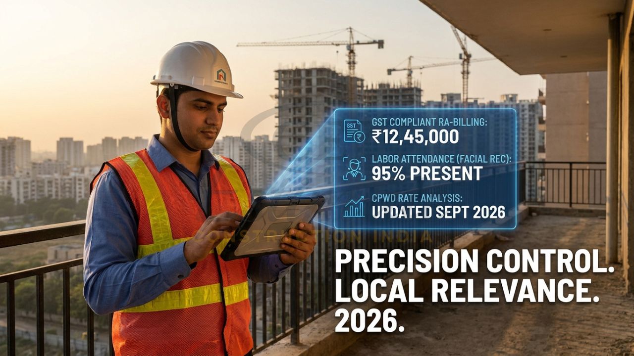 A professional Indian civil contractor in a safety vest using a mobile construction app at a high-rise site in Noida, with a holographic dashboard showing GST billing, labor attendance, and 2026 PWD rates.
