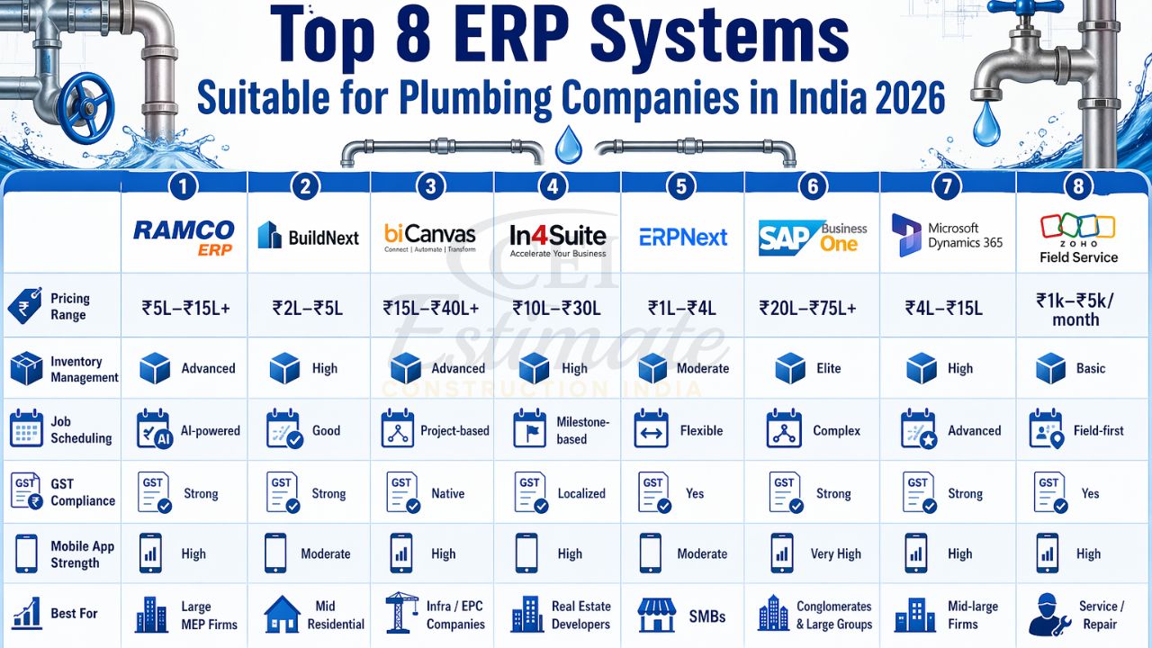 top ERP software for plumbing companies in India 2026 comparison including Ramco BuildNext biCanvas In4Suite ERPNext SAP Microsoft Dynamics Zoho