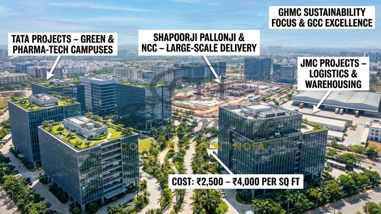 Large-scale modern IT campuses and commercial buildings in Hyderabad Gachibowli and Financial District