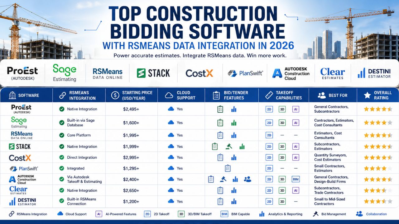 construction bidding software comparison with RSMeans data integration including ProEst Sage Stack CostX PlanSwift Autodesk and Destini