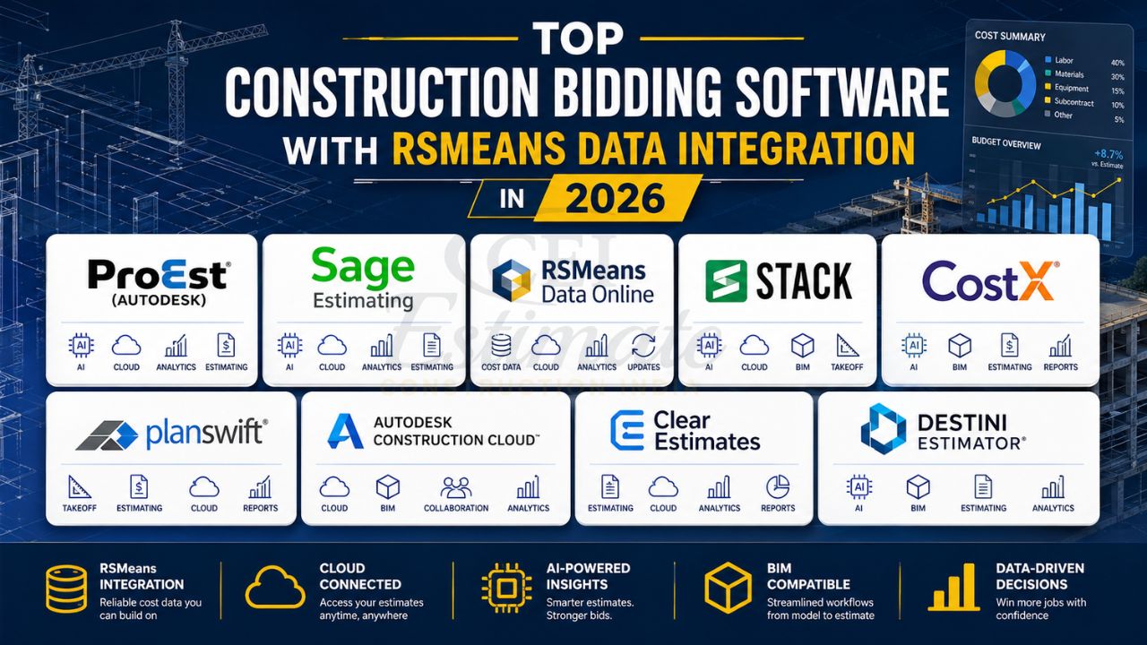 top construction bidding software with RSMeans data integration including ProEst Sage Estimating Stack CostX and PlanSwift