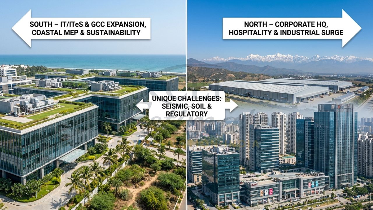 Side-by-side comparison of commercial real estate development in North and South India