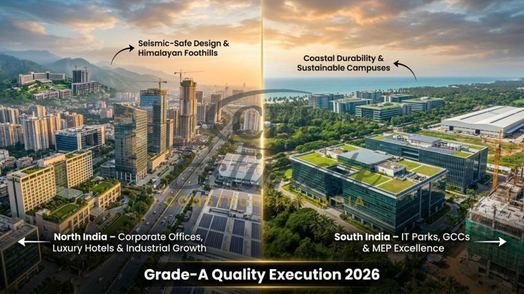 Aerial panorama of modern commercial buildings and active construction sites across North and South India 2026