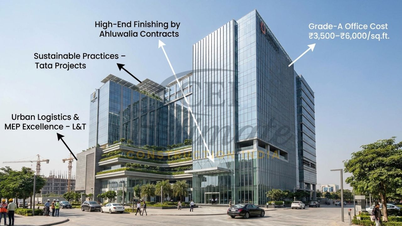 Modern high-end commercial office towers and hotels in Delhi NCR by leading contractors Description: Exemplifying high-end finishes, urban logistics, and fast-track execution in the National Capital Region.