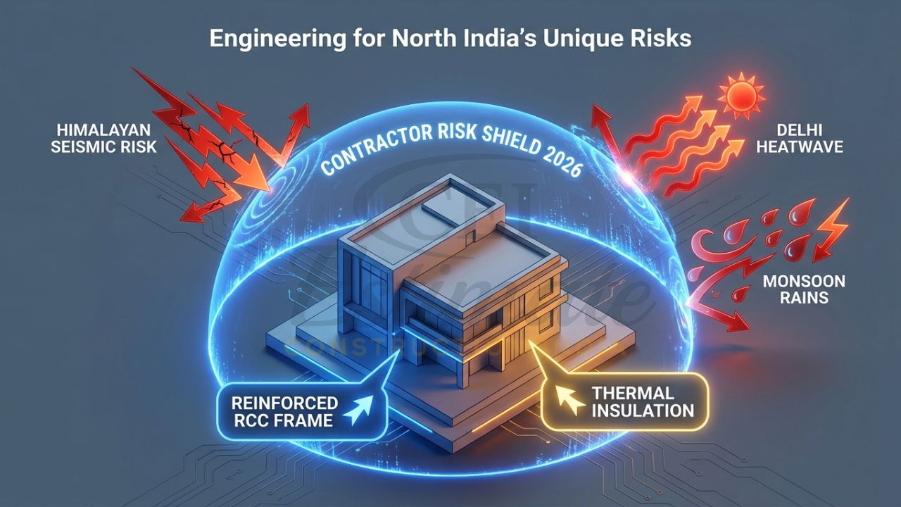 A 3D isometric infographic showing a "Project Shield" protecting building models from red arrows representing "Himalayan Seismic Shifts," "NCR Heatwaves," and "Jaipur Monsoon Floods."