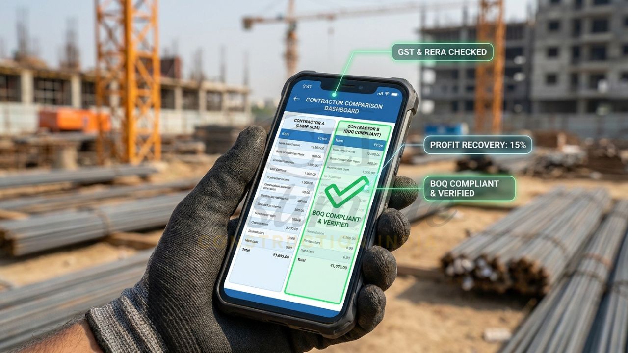 A close-up of a site engineer’s rugged tablet showing a side-by-side comparison of two contractor quotes for a Noida project, with a green "Verified" checkmark on the BOQ-compliant bid.