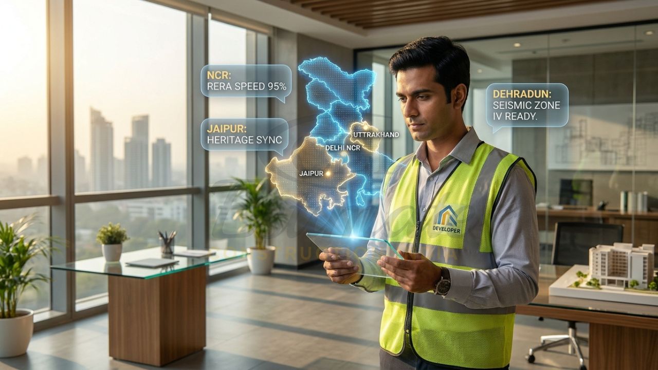 A professional Indian contractor in a white hardhat using a transparent glass tablet to project a holographic map of North India, highlighting active project hubs in Delhi NCR, Jaipur, and Uttarakhand with real-time cost data.