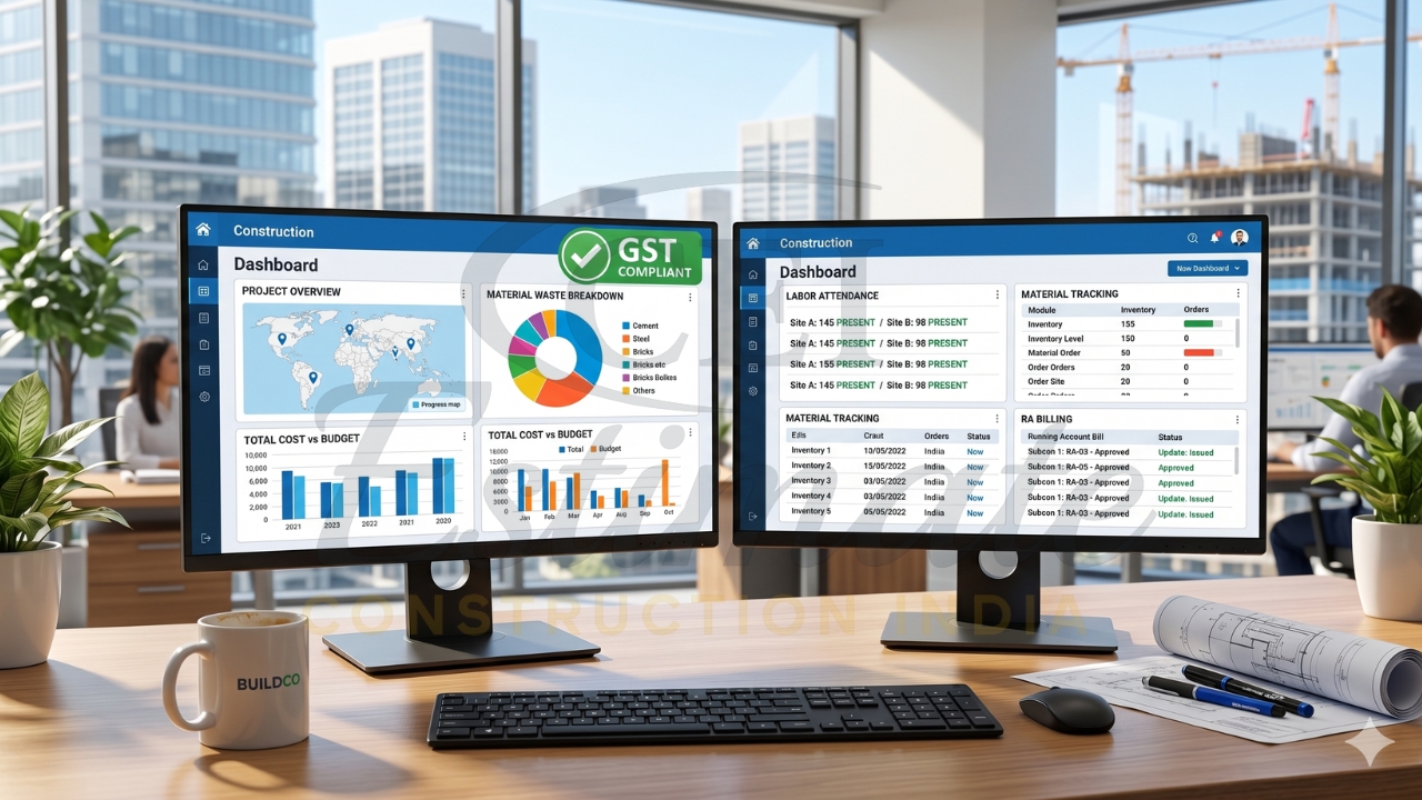 Construction project management ERP dashboard with GST compliance and analytics