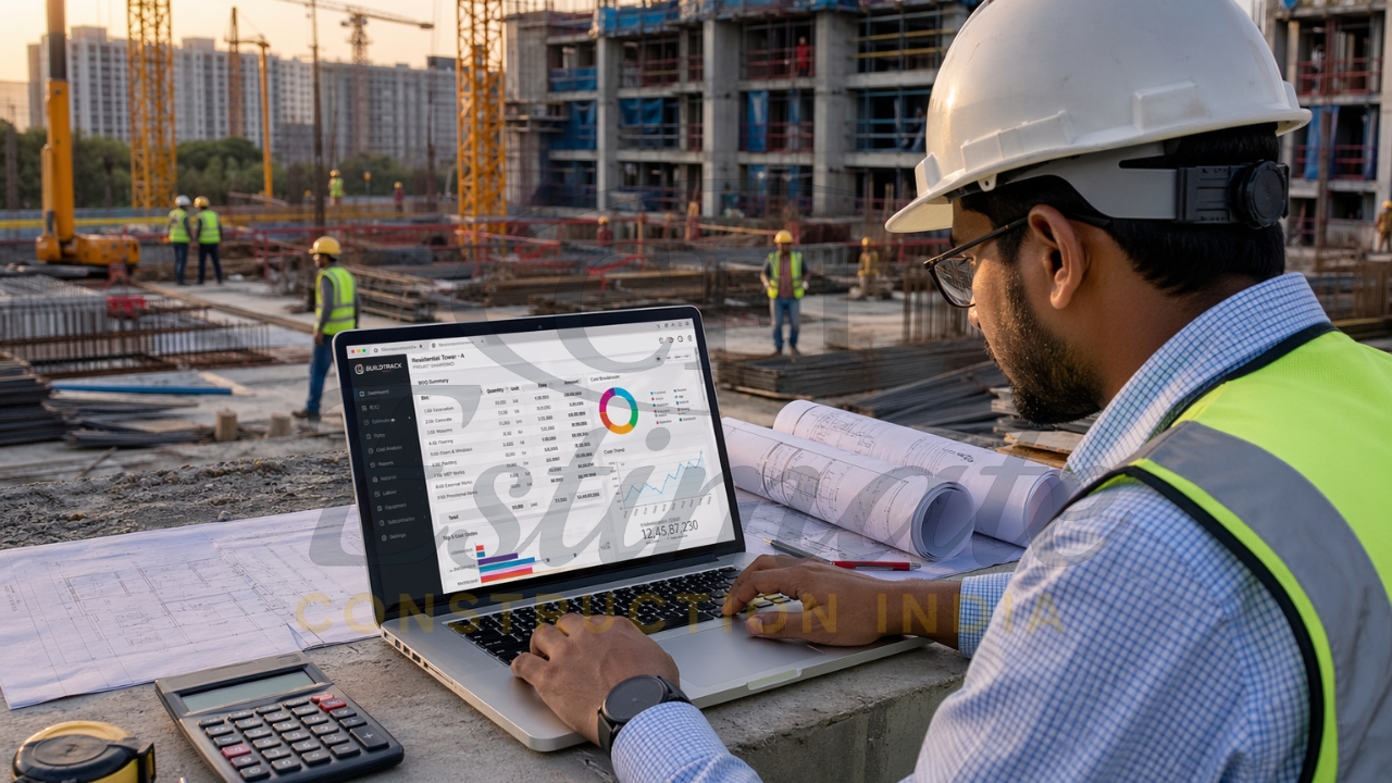 Engineer using construction estimating software on-site with laptop and blueprints