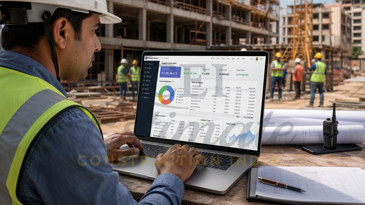 Engineer using construction cost estimation software with BOQ dashboard