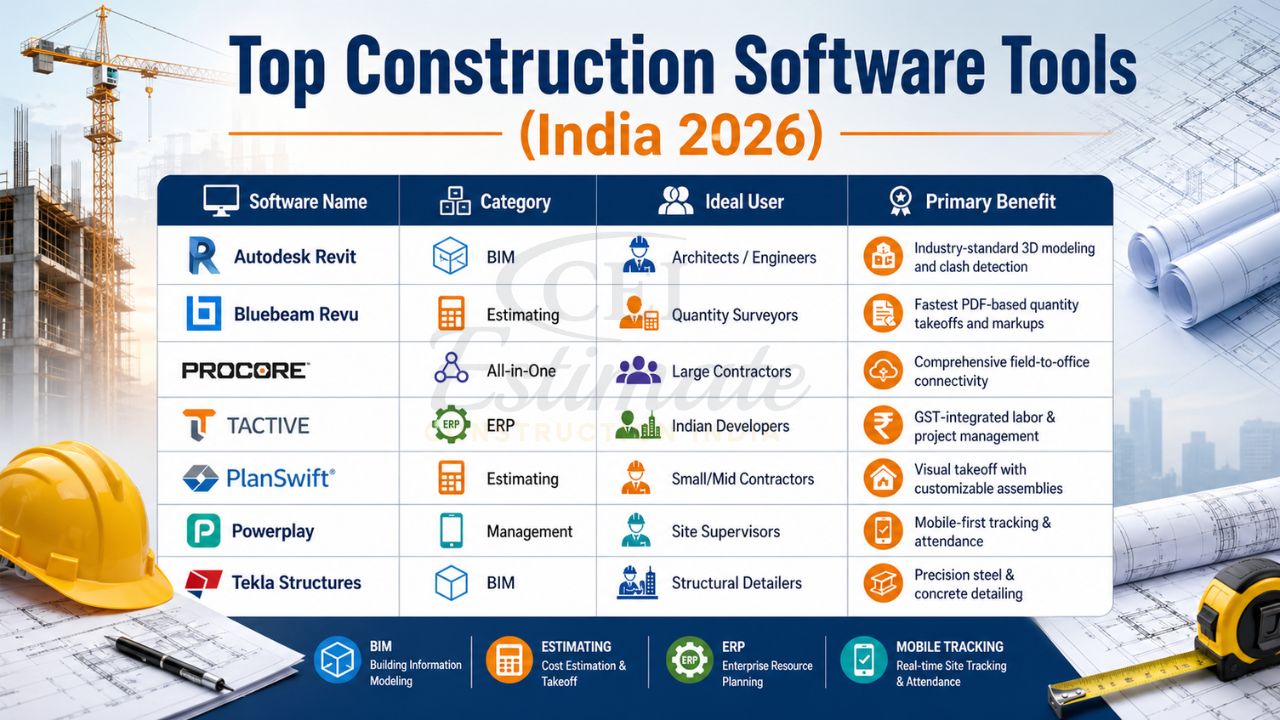 top construction software tools in India including BIM estimating ERP and project management tools for contractors engineers and developers