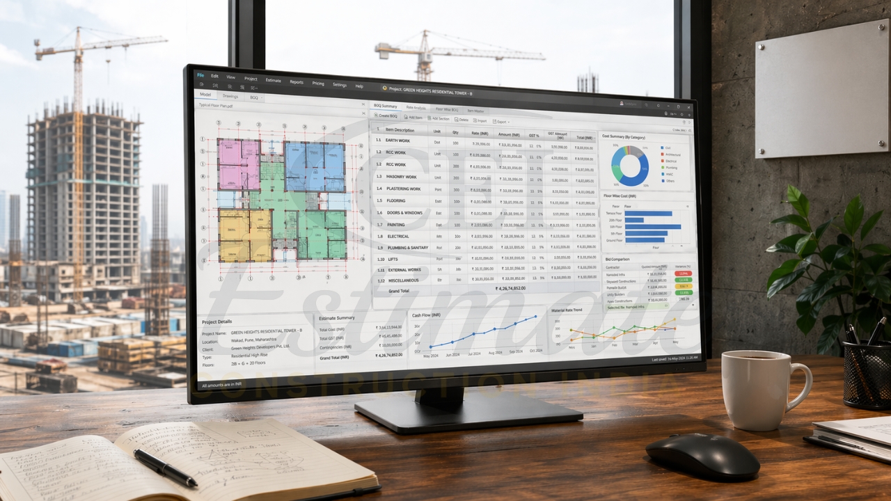 BOQ and construction cost estimation software interface with charts and analytics