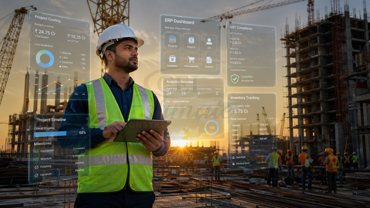 construction ERP dashboard India showing project costing GST compliance inventory tracking and real time project analytics on site