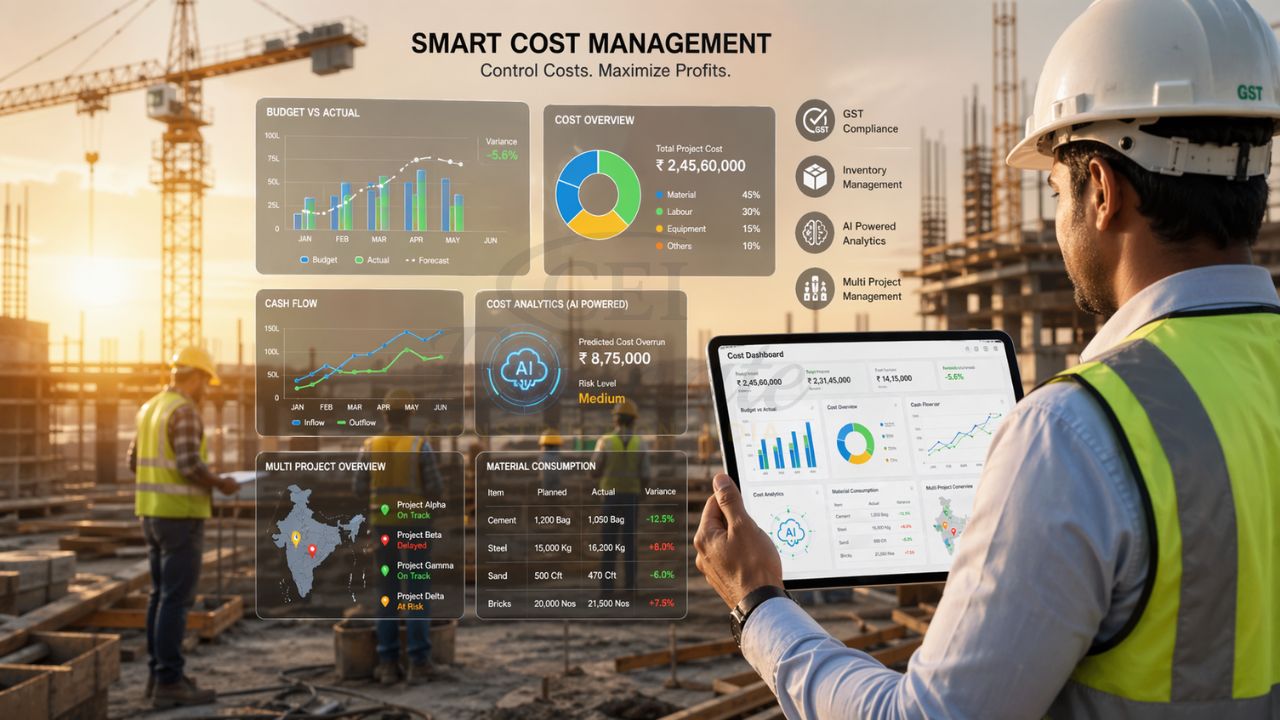 construction cost management dashboard showing real time budget tracking GST compliance inventory analytics and multi project control