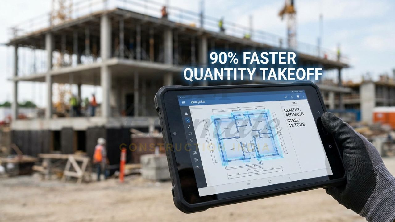 A close-up of a tablet screen where an AI algorithm is automatically recognizing walls and slabs on a 2D floor plan, converting them into a Bill of Quantities.