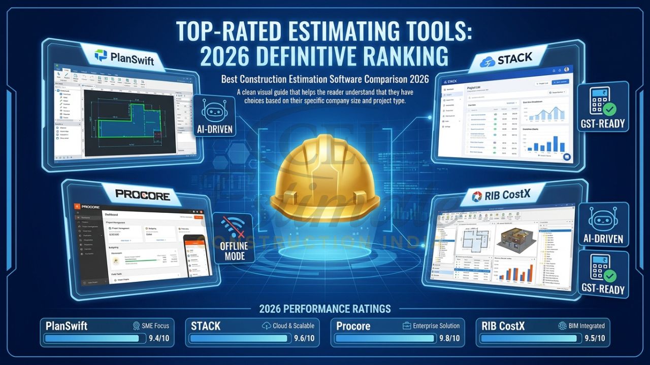 An infographic showing logos of PlanSwift, STACK, Procore, and RIB CostX arranged on a digital grid with 2026 performance ratings.