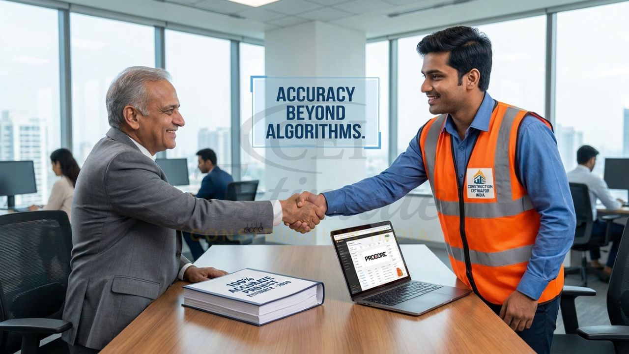 A professional estimator in a safety vest using high-end software while verifying site conditions, representing the "Human-in-the-Loop" accuracy.