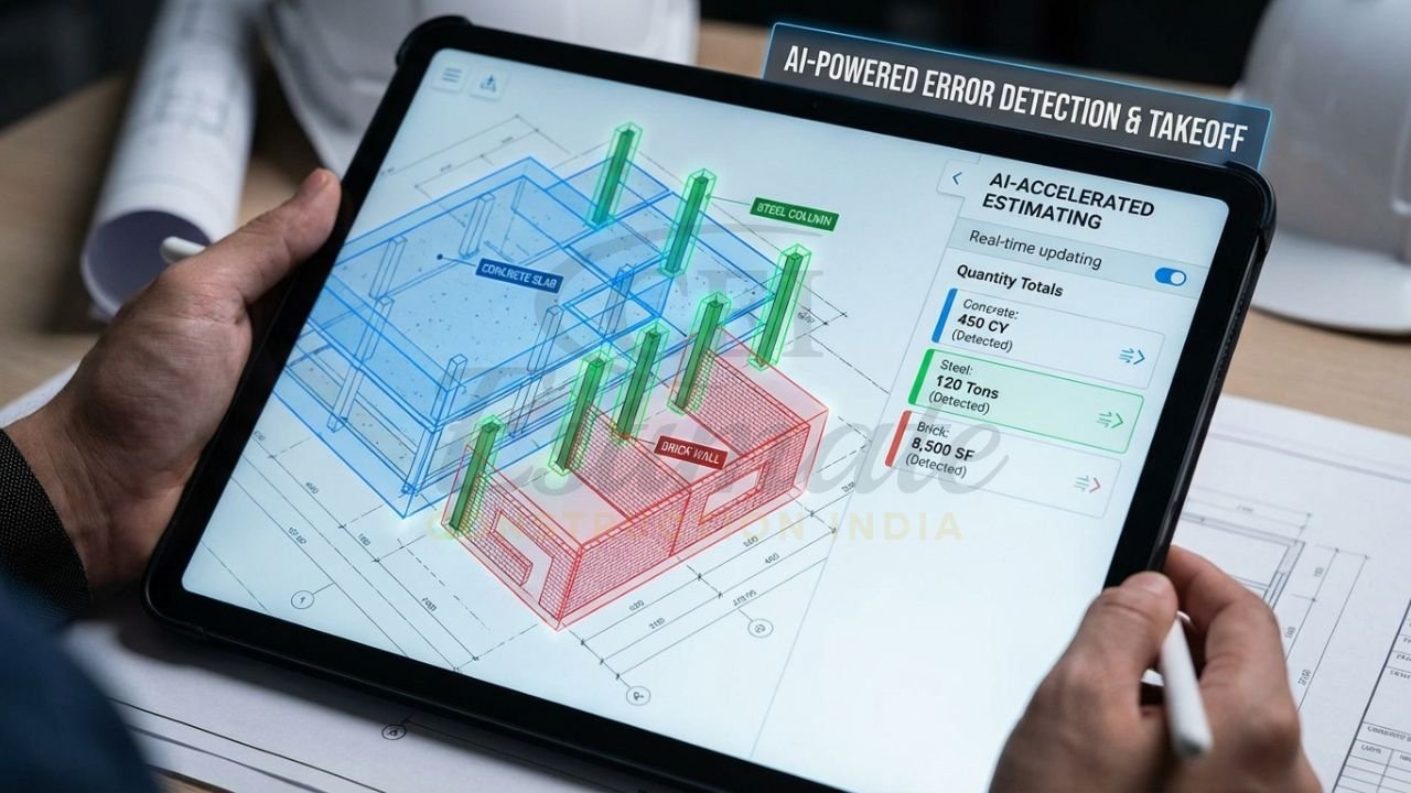 AI-powered digital takeoff software automatically calculating concrete and steel quantities from a drawing.