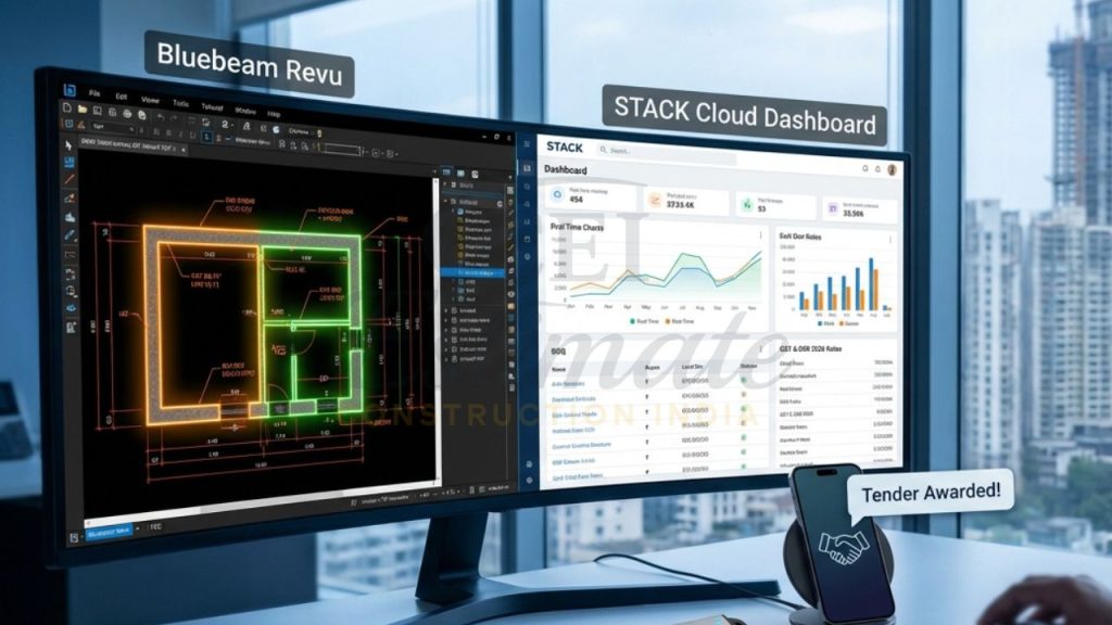 Top-rated construction estimating software India 2026 showing Bluebeam and STACK interfaces.