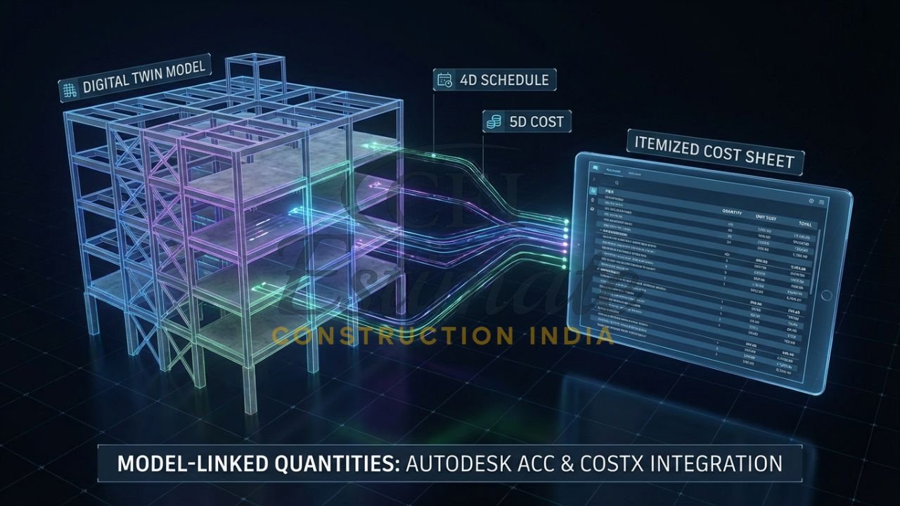 5D BIM integration in Autodesk ACC showing model-linked quantities and costs.