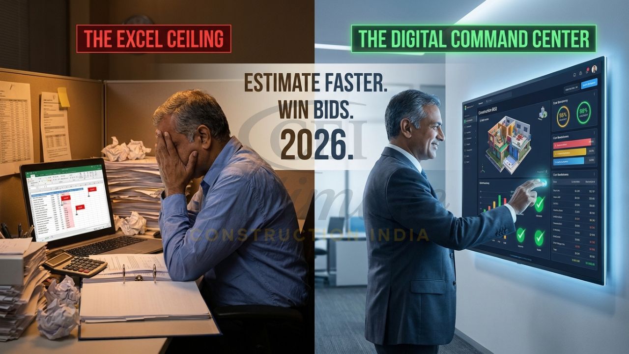 A split-screen comparison showing a frustrated Indian contractor with messy papers versus a sleek, automated digital estimation dashboard showing 99% accuracy.