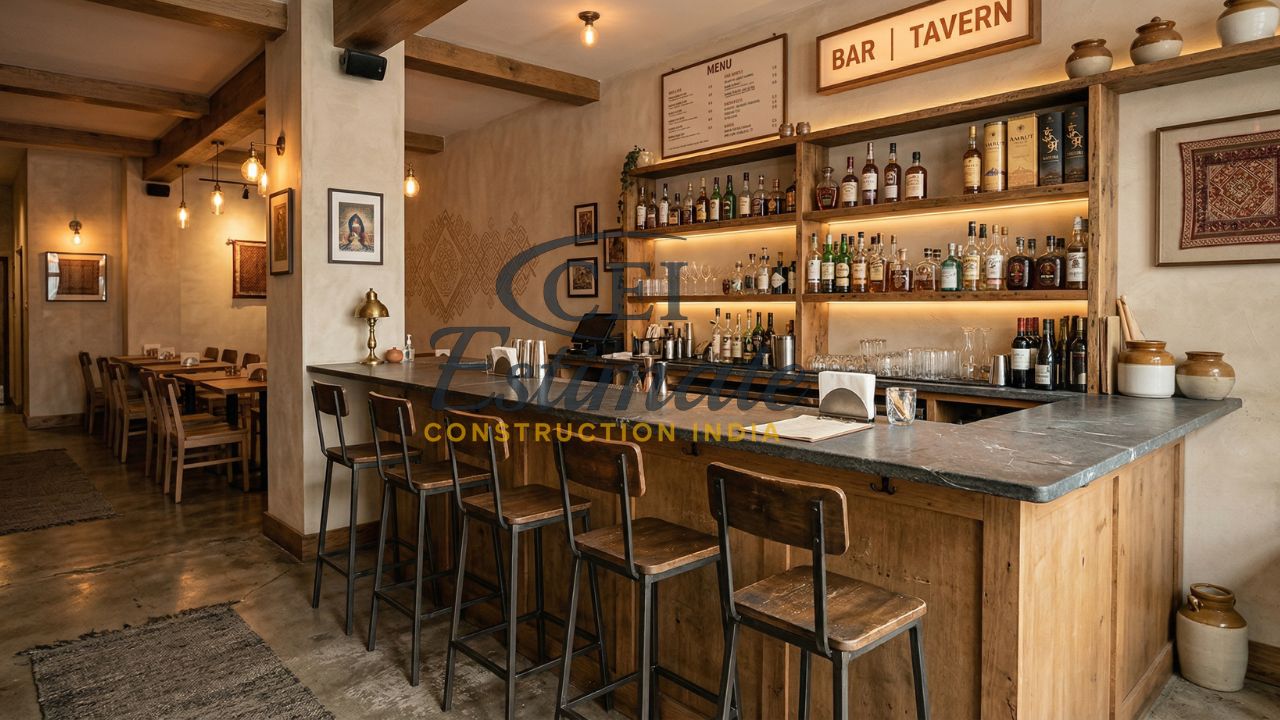 Rustic restaurant bar interior design India with wooden counter, open shelves, warm lighting, and tavern style seating