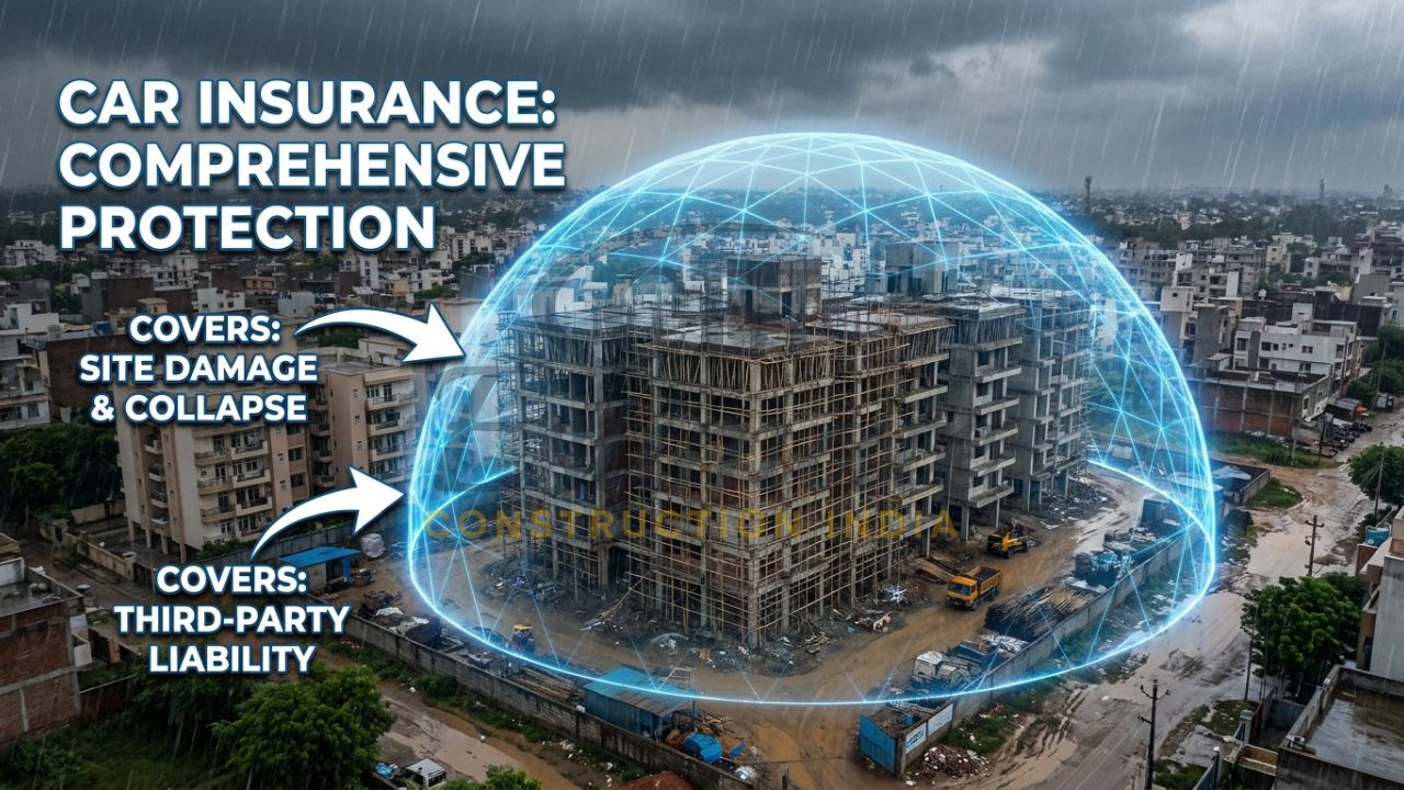 A 3D cutaway of a residential building site in Meerut with a translucent blue shield representing CAR insurance protection.