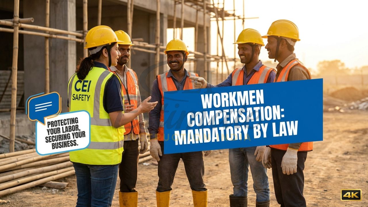 A safety officer and construction workers on an Indian site with a "WCI Mandatory" callout.