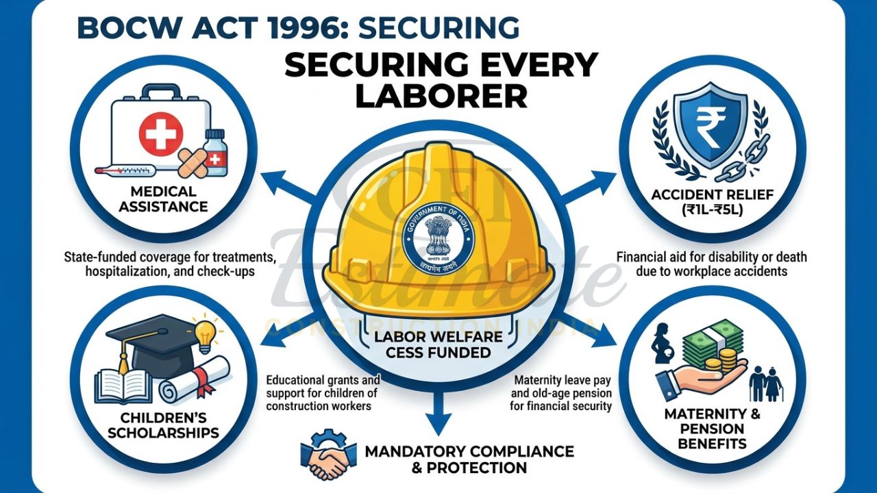 Infographic illustrating the benefits of the BOCW Act for Indian construction workers, including medical aid, accident relief, and education.