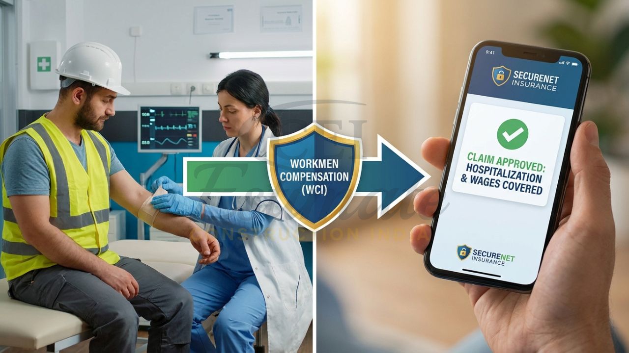 A diagram showing the claim process for a construction site injury, from hospital treatment to insurance payout.