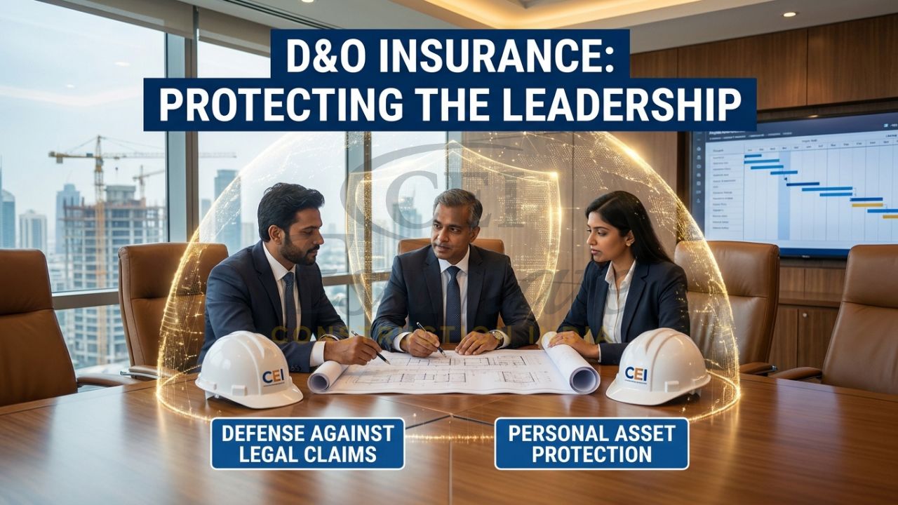 An infographic showing construction company directors in a boardroom protected by a digital shield, representing D&O insurance.