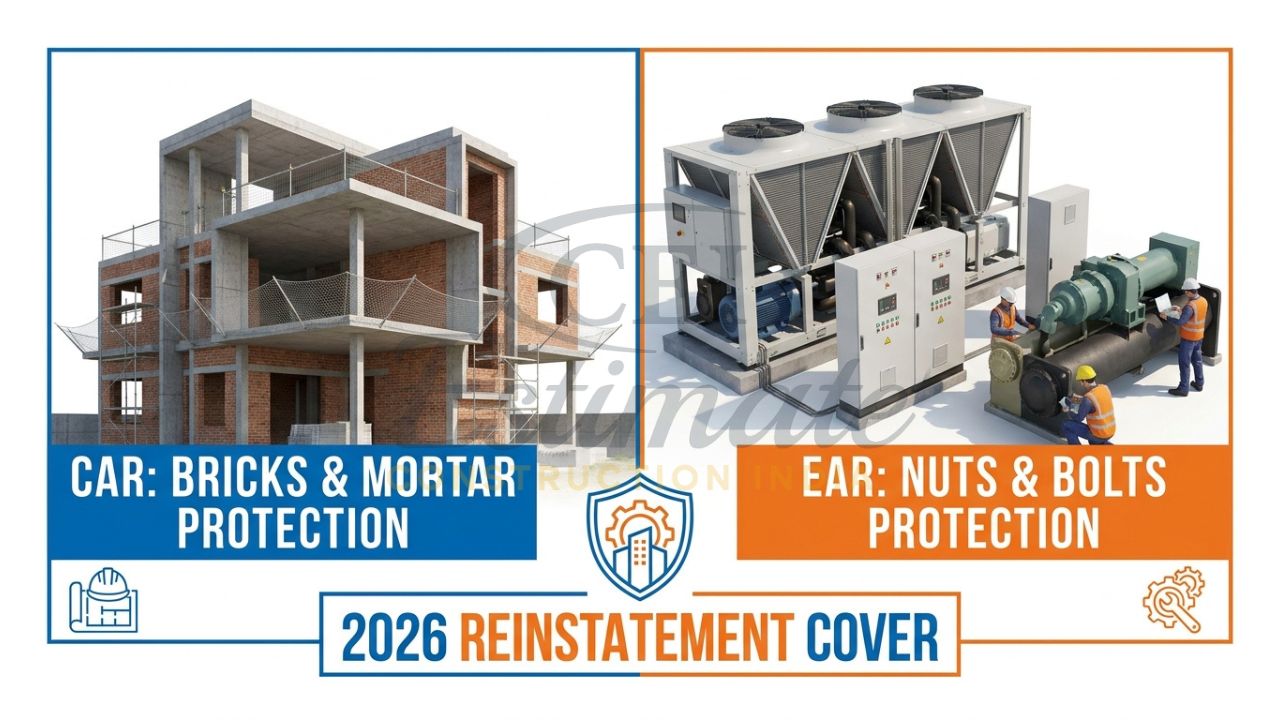 A split-screen comparison showing a residential civil building (CAR) and an industrial machinery installation (EAR) with insurance labels.