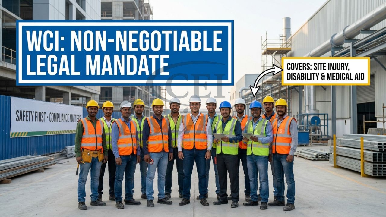 A group of Indian construction workers and a factory manager on a site with a prominent callout for Workmen Compensation insurance (WCI) legal compliance.