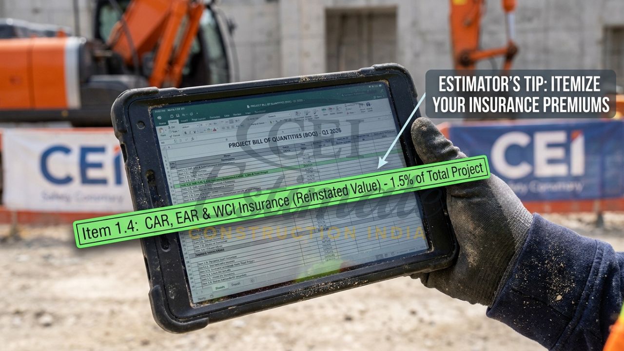 A close-up of a contractor’s hand holding a tablet on a dusty construction site, showing a Bill of Quantities spreadsheet with a highlighted insurance line item.