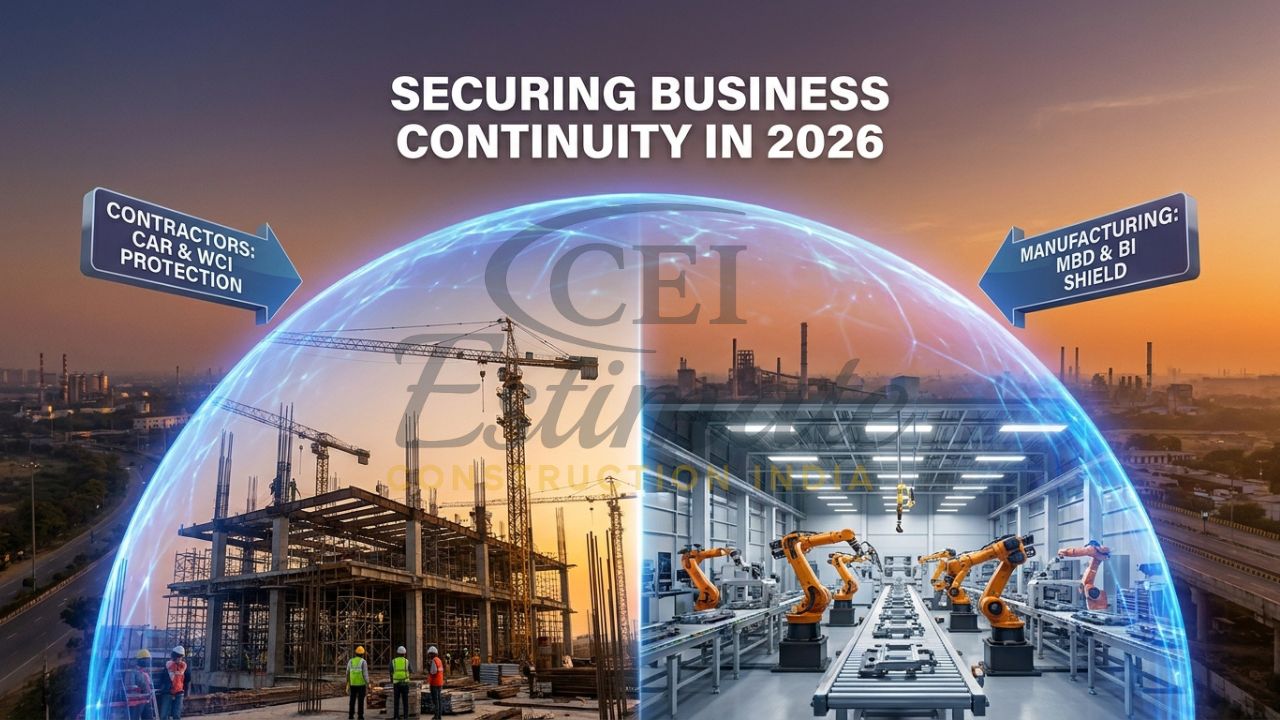 A professional visualization of a high-rise construction site and a manufacturing plant in India protected by a dual digital insurance shield in 2026.