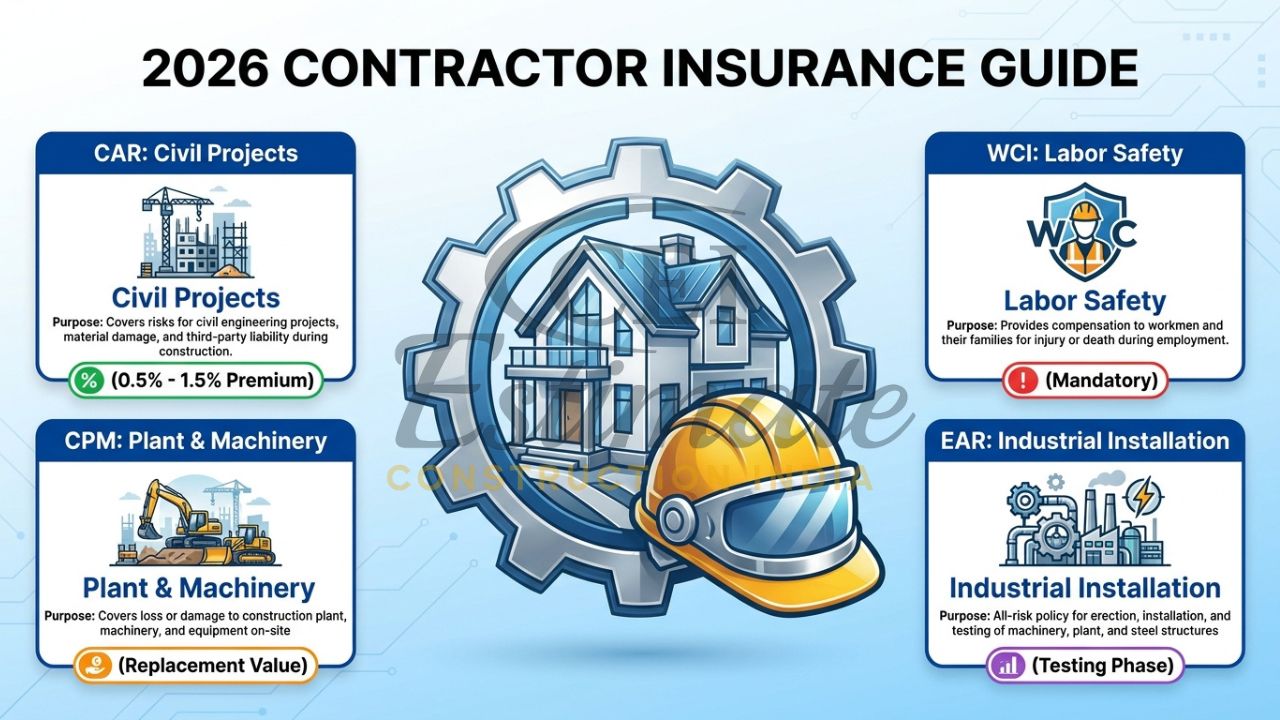 A professional infographic chart comparing CAR, EAR, WCI, and CPM insurance for the Indian construction market 2026.
