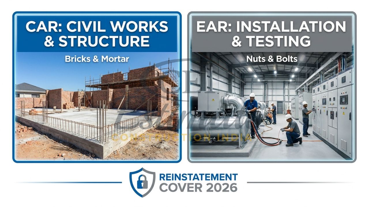 A split-screen comparison showing a civil building project (CAR) and a mechanical plant installation (EAR) with 2026 insurance labels.