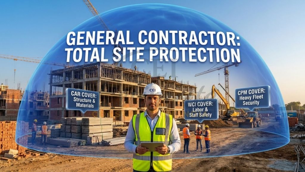A professional visualization of a general contractor in Meerut overseeing a project protected by a multi-layered digital insurance shield.