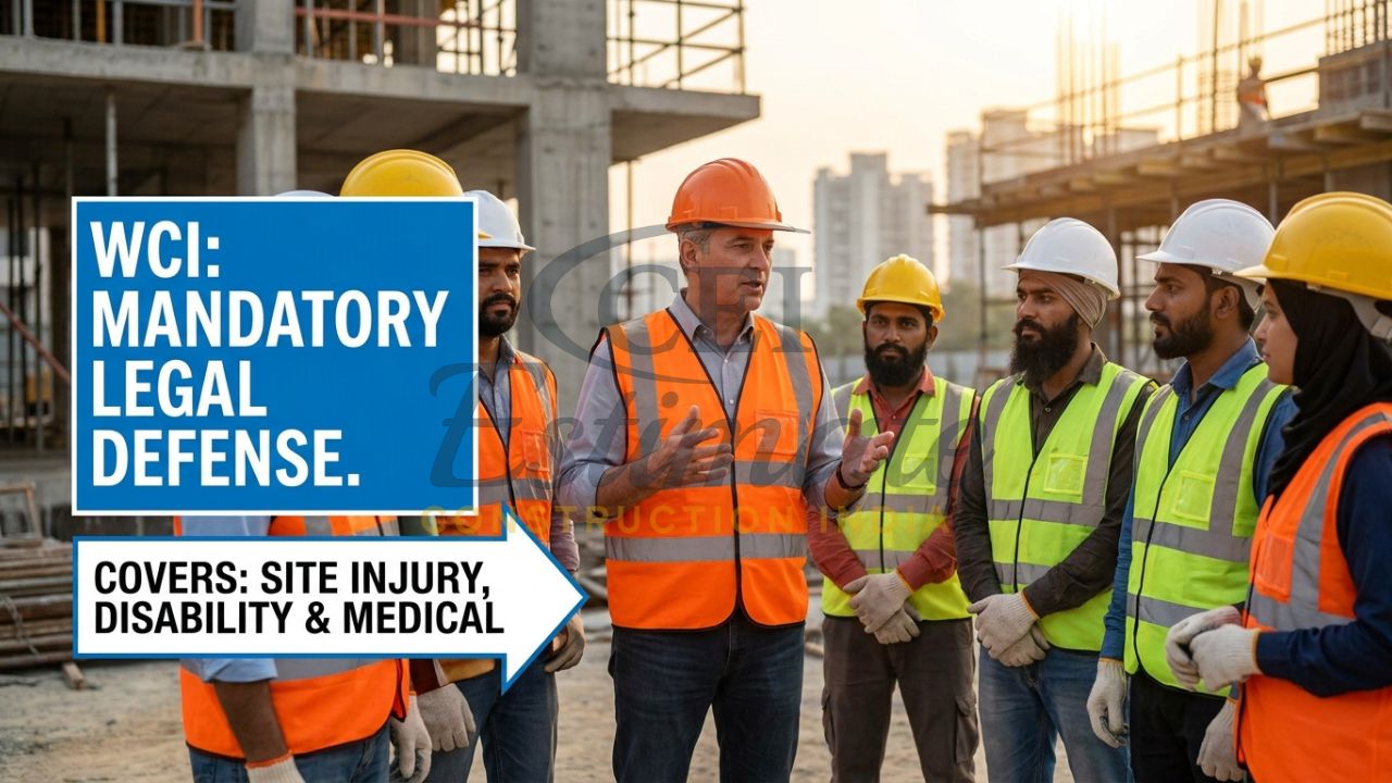 A general contractor and a group of laborers on a site in India with a prominent callout for WCI legal compliance.