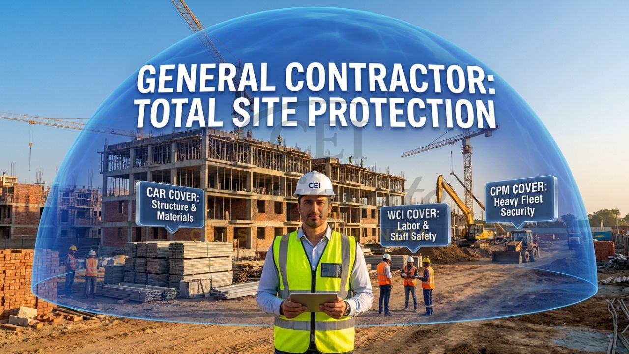 A professional visualization of a general contractor in Meerut overseeing a project protected by a multi-layered digital insurance shield.