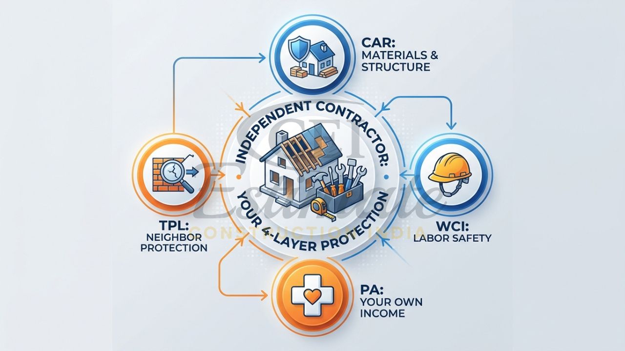 An infographic chart showing the different types of insurance needed for solo builders in India, including CAR, WCI, and Personal Accident.