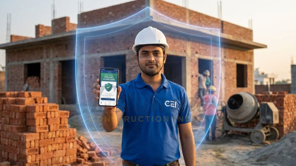A young Indian independent contractor in Meerut reviewing a digital insurance policy on his phone at a residential construction site.