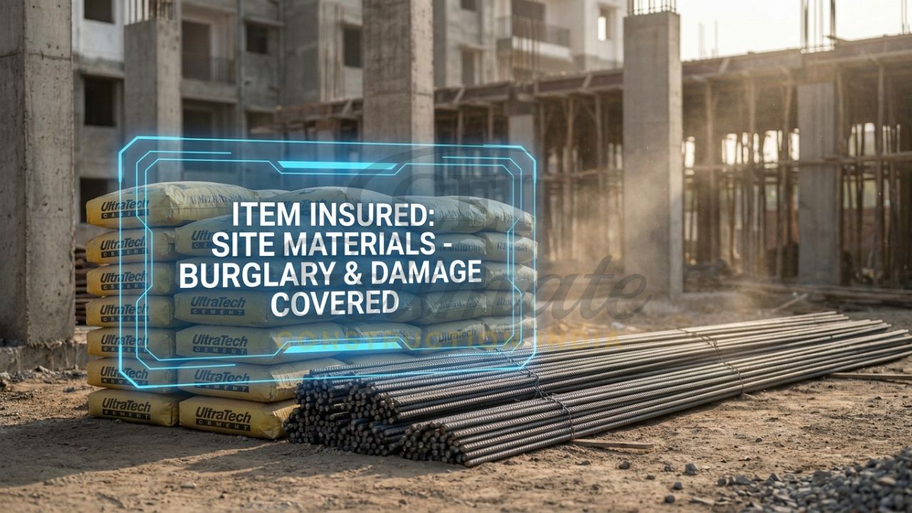 Piles of TMT steel bars and cement bags on a site in Uttar Pradesh with a digital "Insured" overlay.
