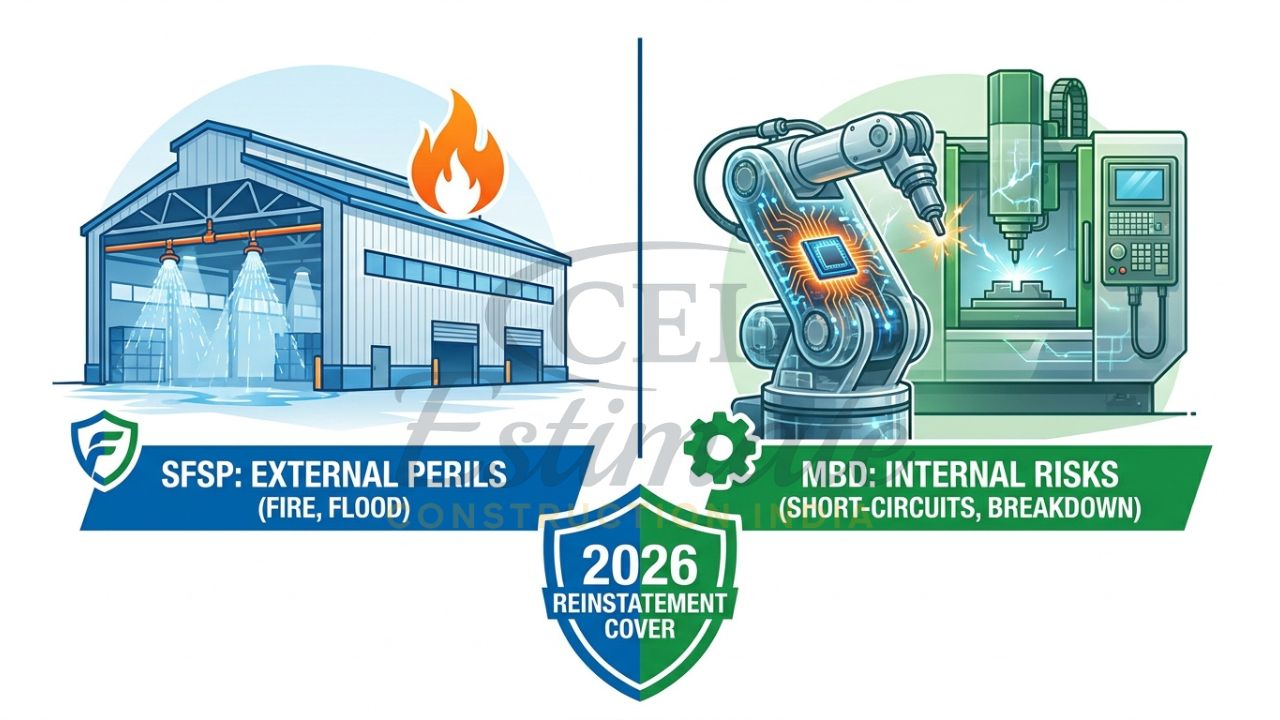 A split-screen comparison showing external fire damage (SFSP) and internal mechanical failure (MBD) in an Indian factory context.