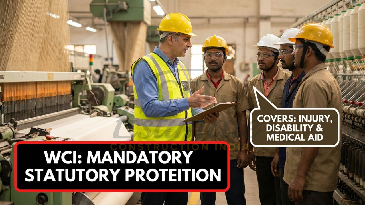 A safety officer and factory workers at a textile mill in India with a prominent callout for WCI legal compliance.